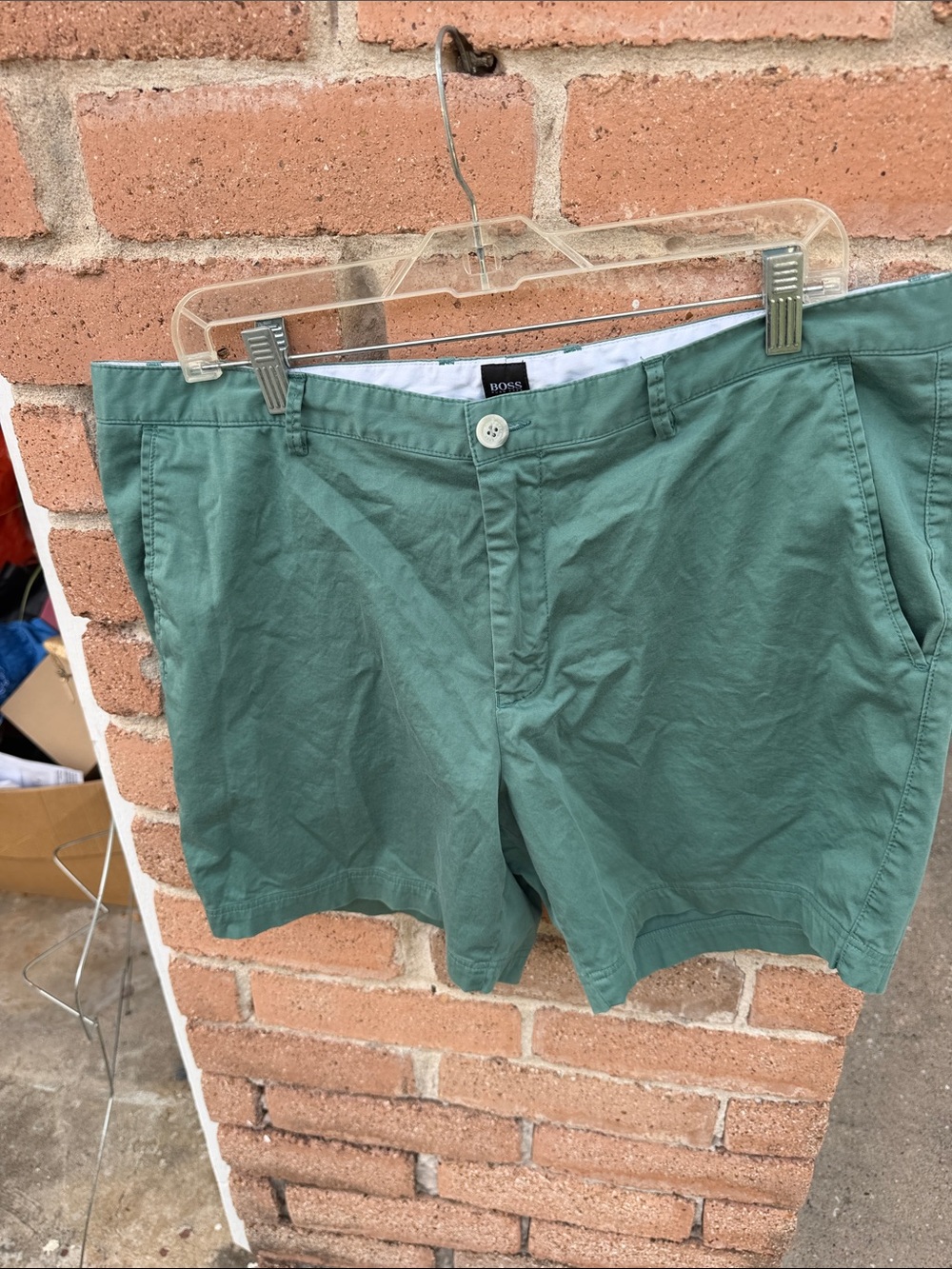 BOSS Men's Sage Green Flat Front Cotton Shorts